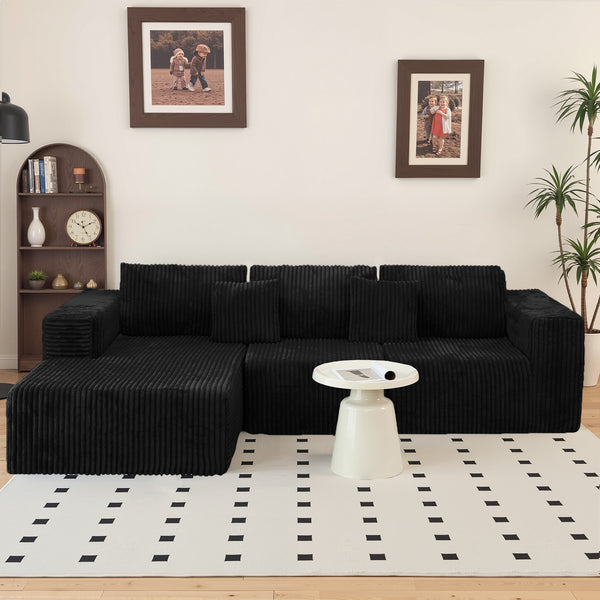 English Elm 112.99"Cloud Long-Pile Corduroy Sectional Sofa with L-Shape Chaise, Modular Deep-Seat Comfort for Living Room Black W3276S00009