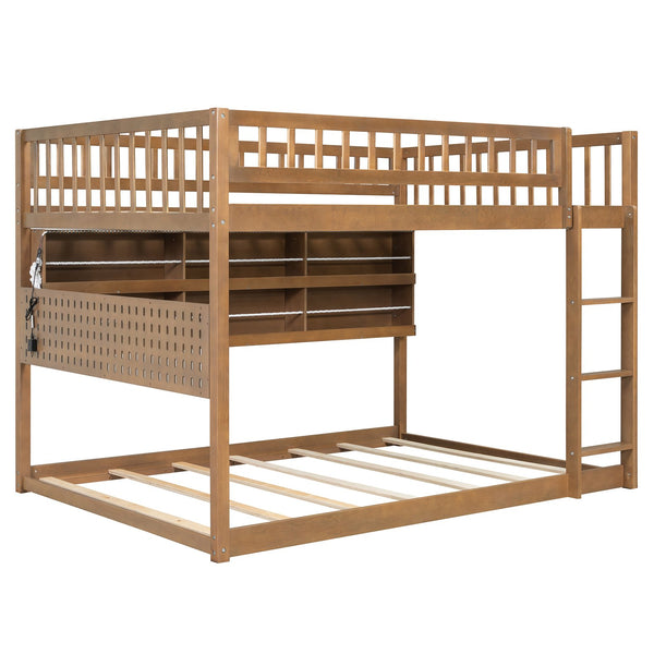 English Elm Full Over Bunk Bed with Led Lighting Pegboard Shelving and Pine Wood Frame Brown LT000278AAP