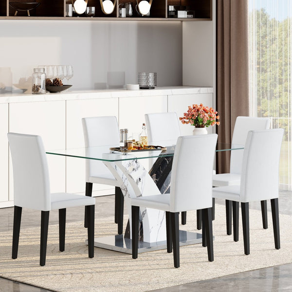 English Elm Table And Chair Set – Modern Glass Top Dining Table With 6 White Pu Chairs For Stylish Comfort W1151S03811-GIGA