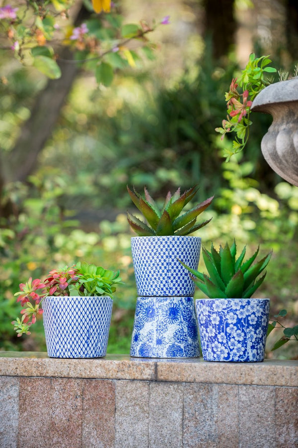 English Elm Set of 4 Terracotta Planters Distressed Blue White Glaze Antique Ceramic Style W2078P495142