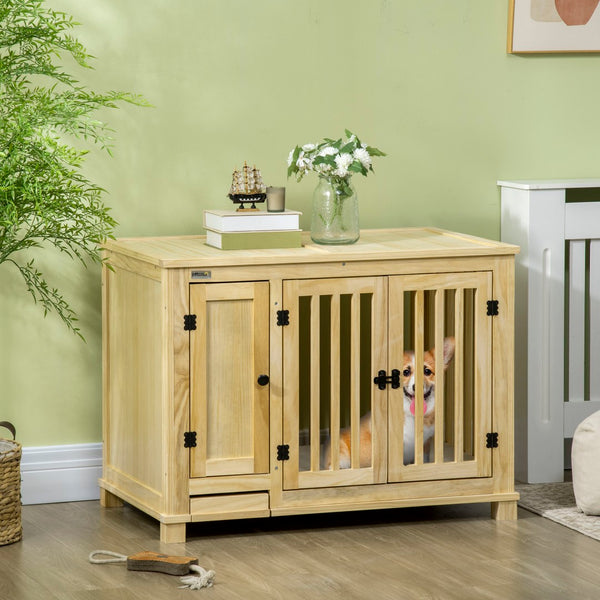 English Elm Pawhut Stylish Wood Dog Crate End Table With Hidden Food Bowl, Cushioned Top & Secure Double Doors W2225P217152-GIGA