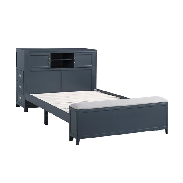 English Elm Gray Full Platform Bed with Bookcase Headboard Fold Out Desk Drawers and Footboard Bench Navy Blue B011S02313