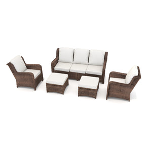 English Elm Patio Rattan Outdoor Sectional Set with 3-Seat Sofa, 2 Chairs & 2 Ottomans Cushioned Comfort Brown Grey,Off White W1710S00256