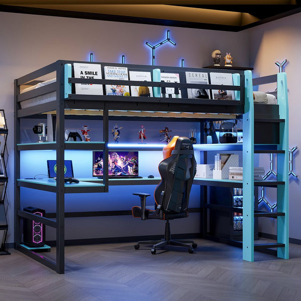 English Elm Full Size Gaming Loft Bed with Rgb Lights Wraparound Shelves and Built-in Usb Ports Blue LT000299AAC