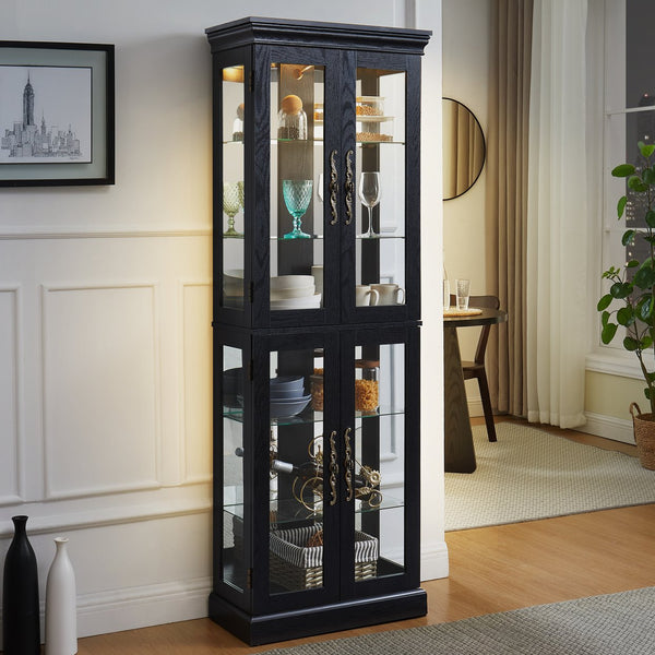 English Elm Elegant Lighted Glass Curio Cabinet with Vintage Carved Handle, Adjustable Shelves, Soft LED Glow, Quiet Hinge (37x15x15) W2275P389763