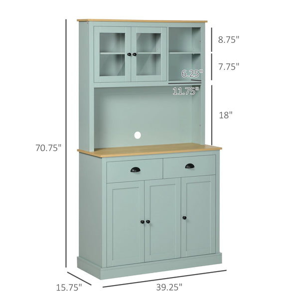 English Elm Light Blue Freestanding Pantry Cabinet with Glass Doors Drawers and Adjustable Shelves T3971S00055