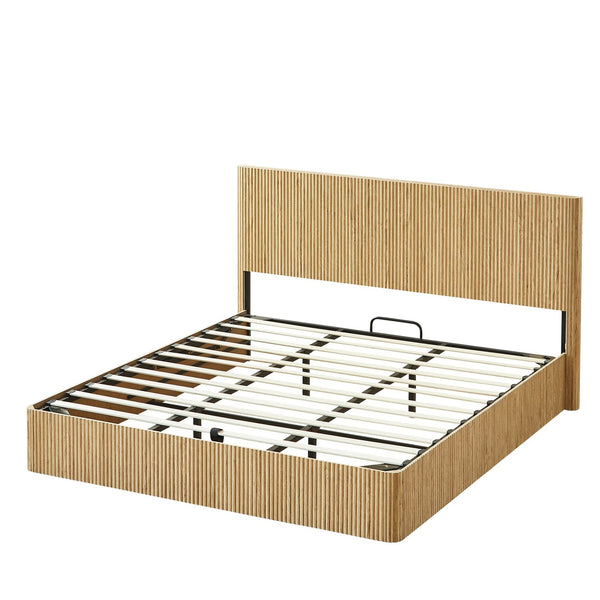 English Elm King Platform Storage Bed Walnut Hydraulic Lift Corrugated Wood Headboard Frame W1820S00029
