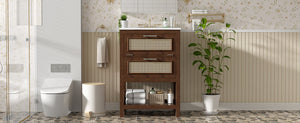 English Elm 24" Rattan Front Bathroom Vanity with Ceramic Sink Deep Drawer Storage Mdf Cabinet Dark Brown N710P293990P