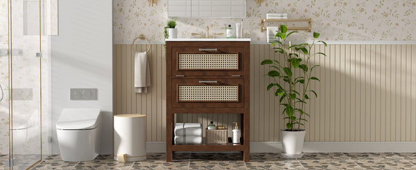 English Elm 24" Rattan Front Bathroom Vanity with Ceramic Sink Deep Drawer Storage Mdf Cabinet Dark Brown N710P293990P