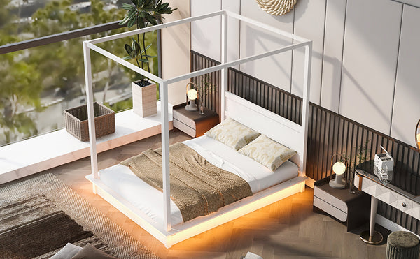 English Elm Queen LED Canopy Bed Frame White – Modern Platform Queen with Support Slats, No Box Spring Needed, Stylish Curtains-Friendly Design N708P292151K