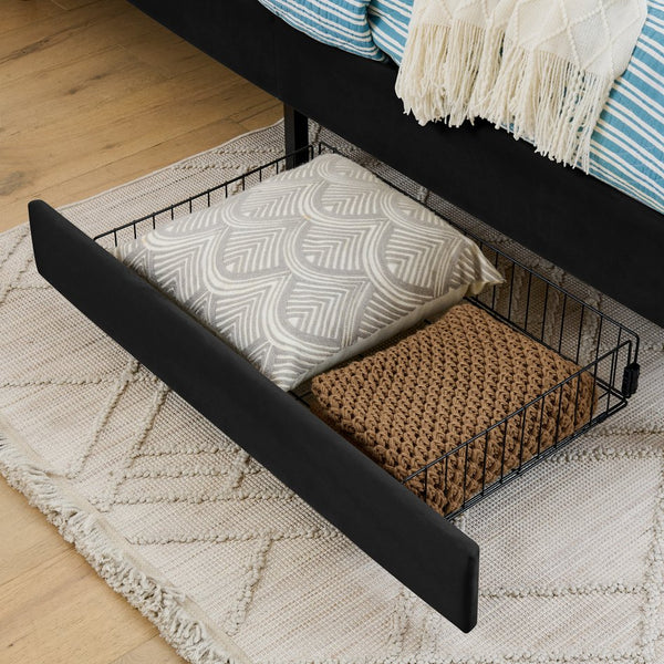 English Elm Full Velvet Upholstered Platform Bed Full Size with 2 Underbed Storage Drawers, Foam Seat, Modern Design Black W1413P298912