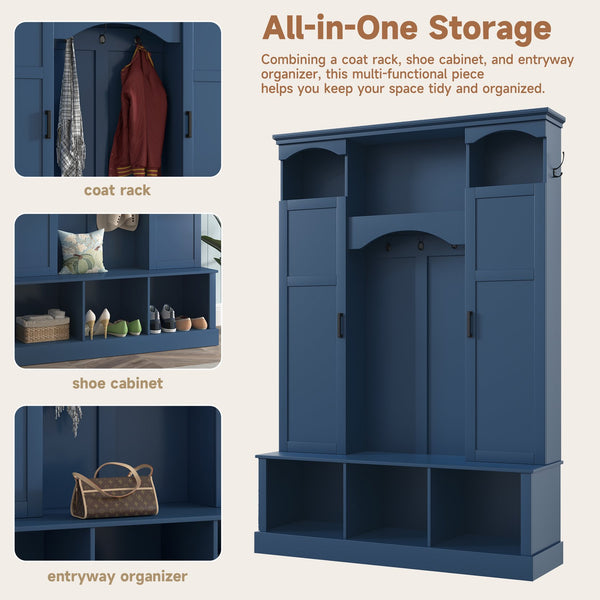 English Elm On-trend Farmhouse Hall Tree with Dual Cabinets Seven Hooks and Arched Entryway Storage Blue N721S000078C