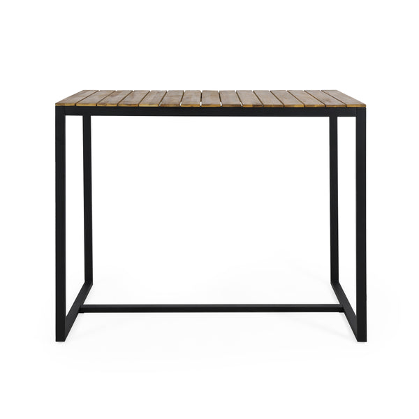 English Elm Ezra Outdoor Bar Table Solid Acacia Slatted Top Matte Black Iron Frame Patio N758P391351N