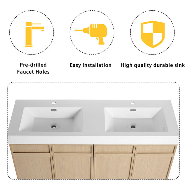 English Elm 60" Freestanding Vanity with Double Resin Sink, Scratch & Water-Resistant Plywood, Soft-Close Doors (Modern) W999S00266