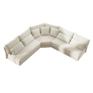 English Elm 5-seater Curved Corner Sectional Sofa Ribbed Corduroy Upholstery with Seven Accent Pillows Beige W2606S00014