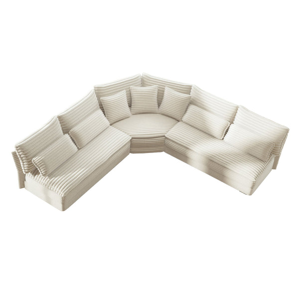 English Elm 5-seater Curved Corner Sectional Sofa Ribbed Corduroy Upholstery with Seven Accent Pillows Beige W2606S00014