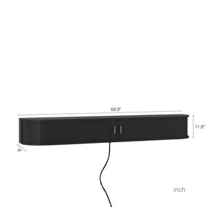 English Elm Floating Wall Mounted Media Console with Led Backlighting Mid-century Curved Design Black W1321P476924