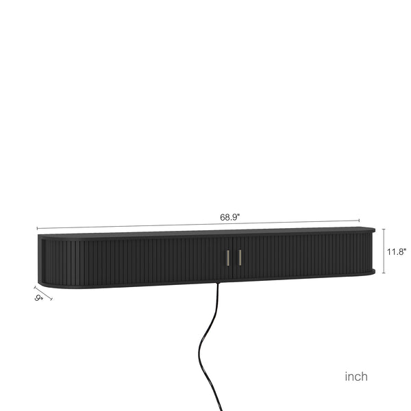 English Elm Floating Wall Mounted Media Console with Led Backlighting Mid-century Curved Design Black W1321P476924