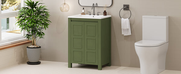 English Elm 24" Vintage Style Small Bathroom Vanity Olive Green with Ceramic Sink, Soft-Close Doors, Shelf (95) N729P292015F