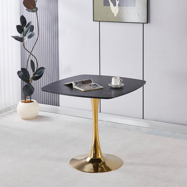 English Elm Square Mid-Century Dining Table 31.5" – Gold & Matte Black Tulip Pedestal, MDF Top, Compact Chic W3766P370534