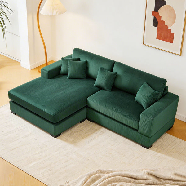 English Elm Mid Century Modern 3 Seater Sectional Sofa with Reversible Chaise and Accent Pillows Green W876S00346