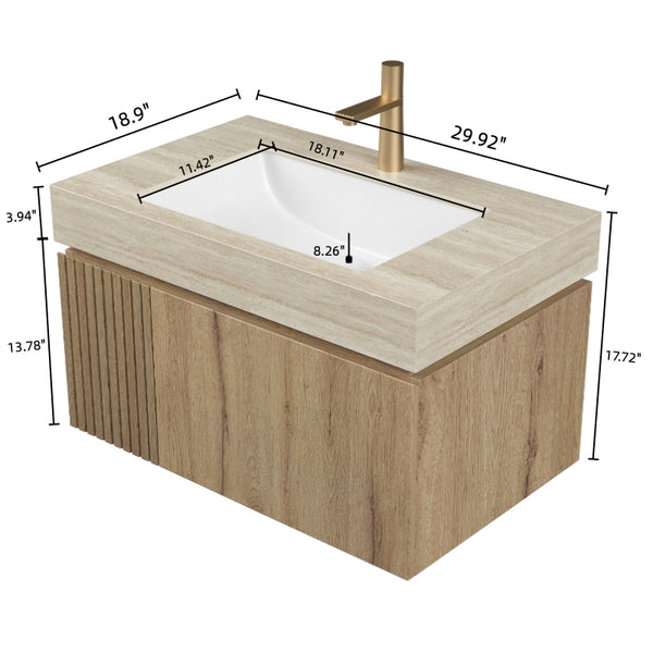 English Elm MURI Luxury Wall-Mounted 30" Bathroom Vanity with Sintered Stone Countertop and Ceramic Basin, Plywood Cabinet Beige,White Oak W2615S00332