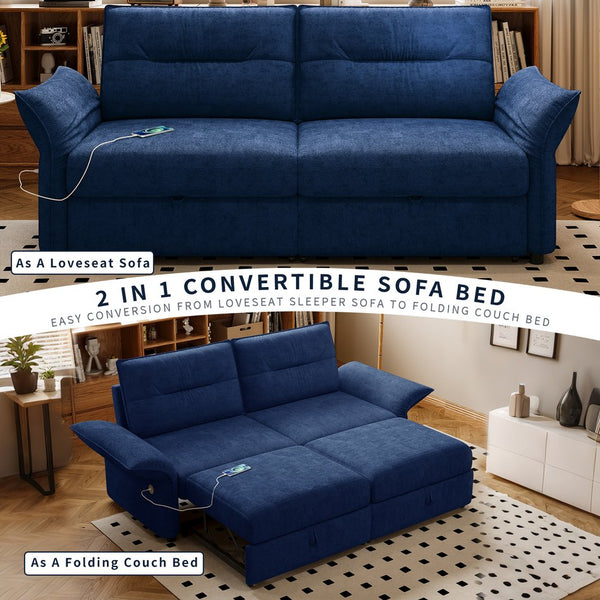 English Elm This Fleece Convertible Sleeper Sofa Unfolds Into a Full Bed for Guest Rooms Blue W3820S00041