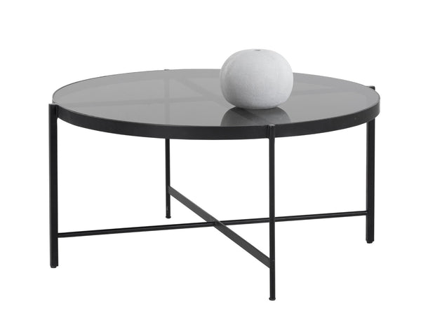 Sunpan WILLEM Coffee Table - Round Smoked Glass Top on Matte Black Frame for Stylish Modern Living Spaces 104131