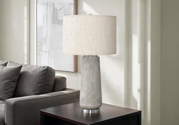 English Elm Lighting, Textured Ceramic 25" Table Lamp with Linen Drum Shade, Polished Silver Accents & 3-Way Switch Grey 17 L x 17 W x 22 H B2710P220128