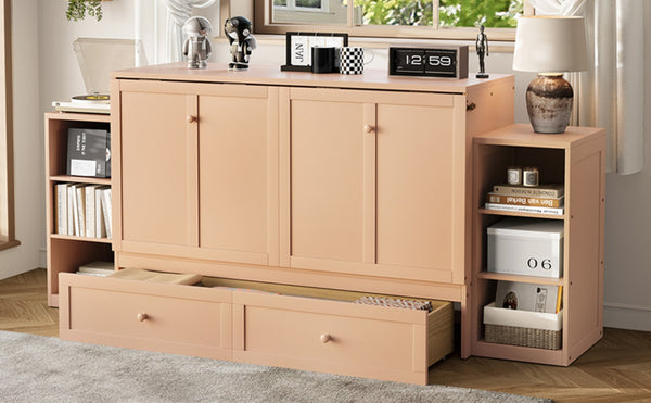 English Elm Queen Murphy Bed With Elegant Golden Finish, Spacious Storage Drawers, And Shelves For Compact Spaces W1580S00258-GIGA