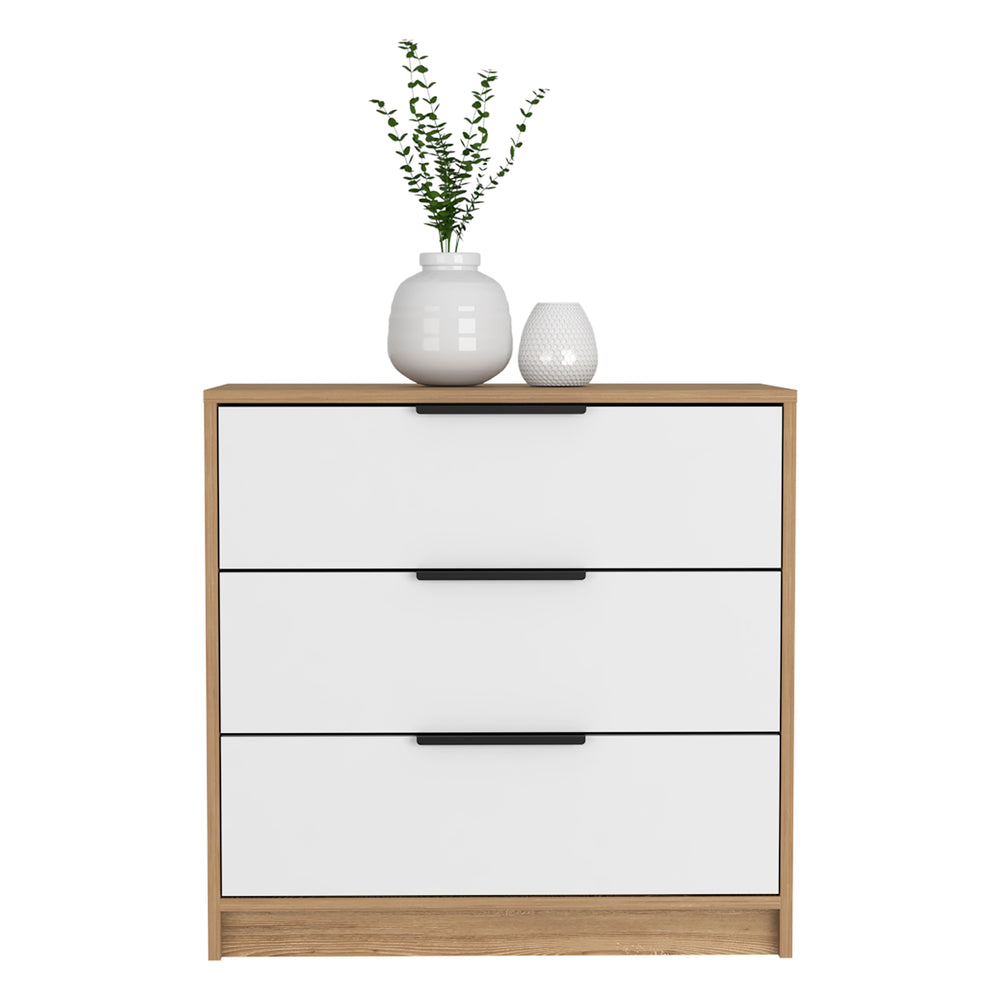 English Elm Dresser 27"H, Modern 3-Drawer Storage Solution In White & Light Oak For Small Spaces & Decor B097132979