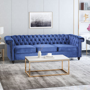English Elm Christopher Knight Home® - SOFA Chesterfield-inspired 3-seater with deep button tufting, nailhead trim, low back and plush PU upholstery Blue 68326.00NVLTMDBLU