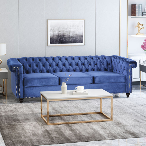 English Elm Christopher Knight Home® - SOFA Chesterfield-inspired 3-seater with deep button tufting, nailhead trim, low back and plush PU upholstery Blue 68326.00NVLTMDBLU