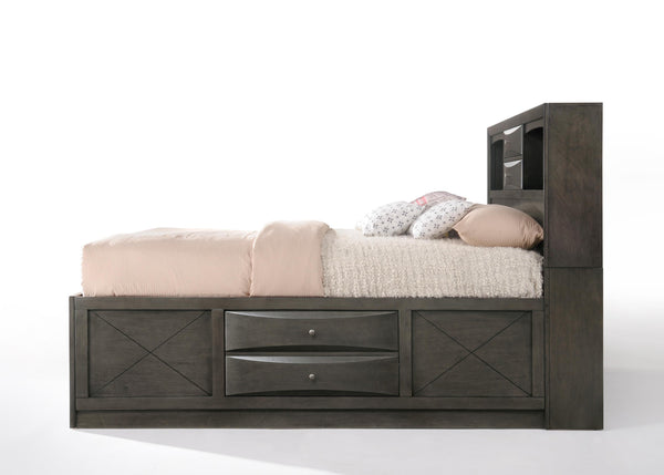 English Elm Ireland Gray Oak Finish Queen Storage Bed With Bookcase Headboard And 8 Built-In Drawers For Organization B2726S00340