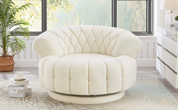 English Elm Swivel Barrel Accent Chair Chenille Tufted Round Club Seat for Living Room Lounge Beige N719S002280A