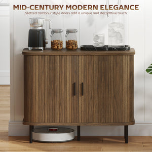 English Elm Storage Sideboard with Tambour Slatted Doors Walnut Finish and Black Metal Legs T3971P390804