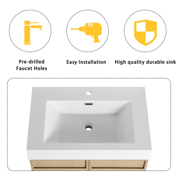 English Elm 30" Modern Freestanding Bathroom Vanity with Thick White Resin Sink, Soft-Close Doors & Adjustable Shelf (Durable) W999P239160