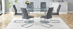 English Elm Table and Chair Set Extendable Mdf Round Oval Dining with 6 Gray Pu Seats Dark Gray,Silver,Transparent W1151S04550