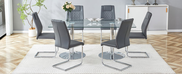 English Elm Table and Chair Set Extendable Mdf Round Oval Dining with 6 Gray Pu Seats Dark Gray,Silver,Transparent W1151S04550