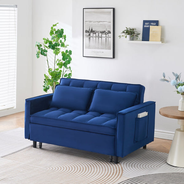 English Elm The 55-inch Blue Velvet Sofa Bed with Tufted Design, 2-Seater Convertible Couch, Durable 500lb Frame W3371P314998