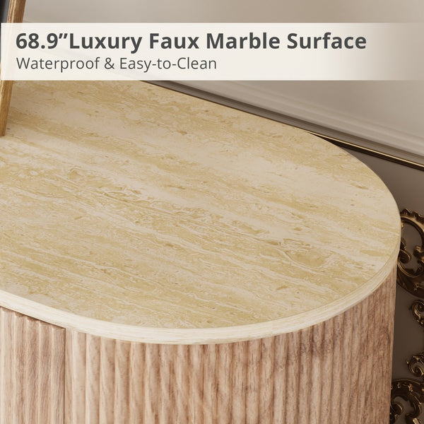 English Elm 65 Inch Fluted Media Console with Marble Look Top Gold Hardware Natural Finish Oak T5618P448226