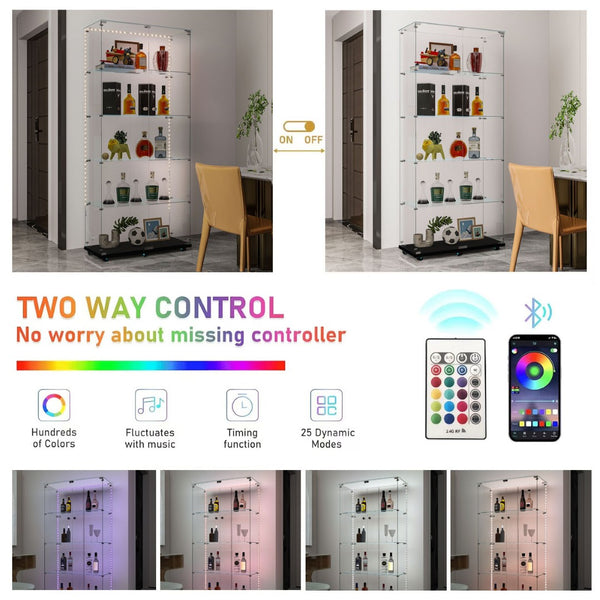 English Elm Tempered Glass Display Cabinet With Bluetooth Led Lights, Lockable Door & Mobile Casters - Black W3155S00009-GIGA