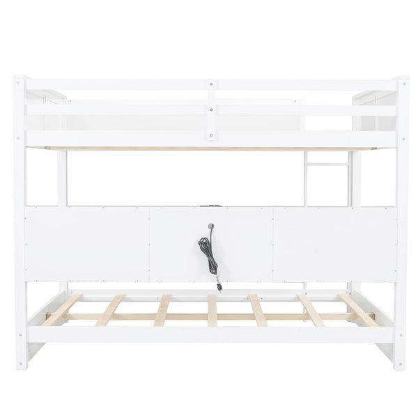 English Elm Queen Over Bunk Bed Solid Pine Cabin Frame with Storage and Usb Charging White GX000399AAK
