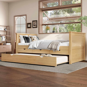 English Elm Twin Solid Wood Platform Bed with Trundle and Two Drawers, White Daybed for Kids Guests Natural W1580S00264
