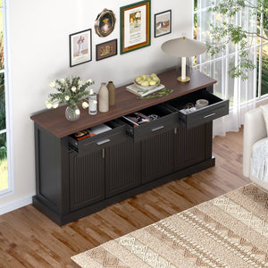 English Elm 63" Fluted Mdf Sideboard with Wood Tone Top Four Doors Three Drawers Dining Storage Black W2917S00010