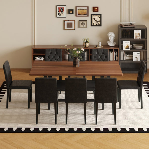 English Elm Table Set With 8 Ergonomic Pu Chairs & Walnut Grain Dining Table Featuring Under-Table Storage W1151S04288-GIGA