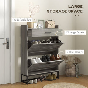 English Elm HOMCOM Industrial Narrow Shoe Cabinet with 2 Flip Drawers, Adjustable Shelves & Top Drawer for Entryway Organization and Hidden Storage Gray W2225P229448