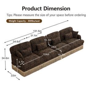 English Elm 131" Chenille Leopard Sectional Sofa Modular 4 Seat Deep Cushion Tassel Trim Brown W5656S00016