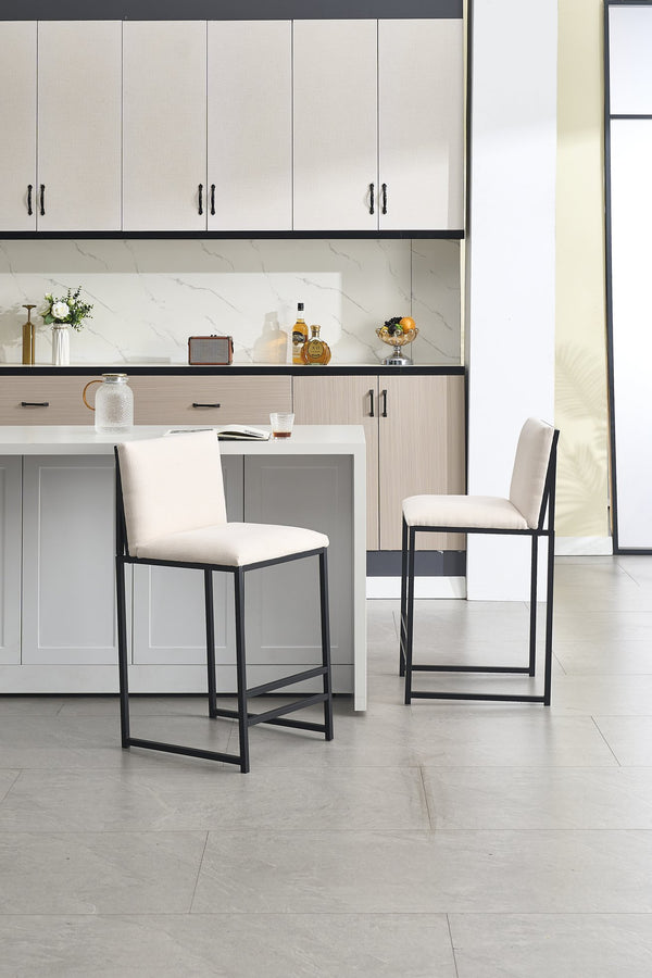 English Elm Counter Height Bar Stools Set of 2 Upholstered Linen Seats with Metal Frame & Cushion Comfort for Kitchen Bar and Dining Room Ivory W1249P257011