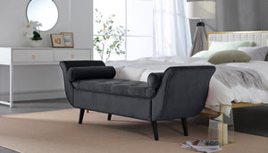 English Elm Vintage Velvet Tufted Storage Bench Mid Century Button Seat Entryway Bedroom Footstool Black+ Gray W2795P428652